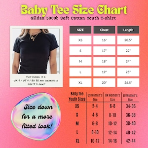 May include: A size chart for a Gildan 5000b soft cotton youth t-shirt with a pink and orange gradient background. It includes a photo of a black t-shirt, a table with chest and length measurements in inches, and a table comparing youth to adult sizes.