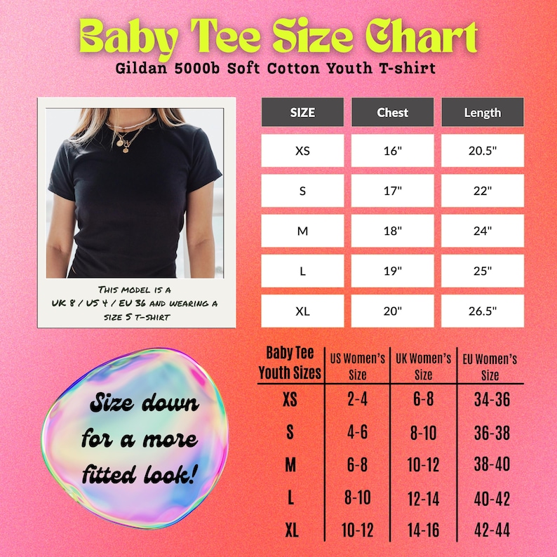 May include: A size chart for a Gildan 5000b soft cotton youth t-shirt with a pink and orange gradient background. It includes a photo of a black t-shirt, a table with chest and length measurements in inches, and a table comparing youth to adult sizes.