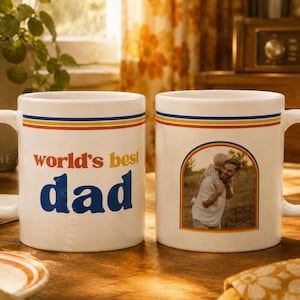 Retro World’s Best Dad custom photo mug with 70s inspired stripes and personalized family photo design. Personalized dad mug, custom photo mug, Father’s Day gift for dad, dad coffee cup, gift for husband, gift from kids, grandpa mug, papa mug, stepdad gift, new dad gift, dad birthday gift, custom picture mug, photo coffee cup, retro dad mug, sentimental gift for father figure, unique Father’s Day mug.