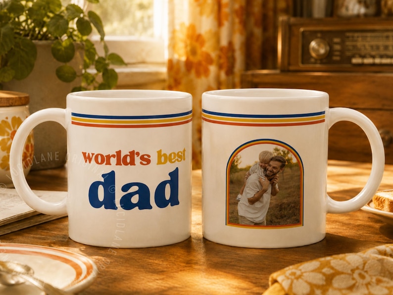 Retro World’s Best Dad custom photo mug with 70s inspired stripes and personalized family photo design. Personalized dad mug, custom photo mug, Father’s Day gift for dad, dad coffee cup, gift for husband, gift from kids, grandpa mug, papa mug, stepdad gift, new dad gift, dad birthday gift, custom picture mug, photo coffee cup, retro dad mug, sentimental gift for father figure, unique Father’s Day mug.