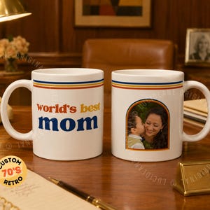 Custom retro 70s photo mug with vintage stripes, personalized name or title, and custom family photo design. Personalized coffee cup, custom photo mug, retro mug, vintage mug, Father’s Day gift, Mother’s Day gift, gift for mom, gift for dad, grandparent gift, grandma mug, grandpa mug, aunt gift, uncle gift, family photo gift, custom picture mug, 70s inspired mug, personalized ceramic mug, unique birthday gift.