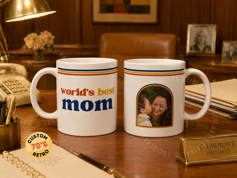 Custom retro 70s photo mug with vintage stripes, personalized name or title, and custom family photo design. Personalized coffee cup, custom photo mug, retro mug, vintage mug, Father’s Day gift, Mother’s Day gift, gift for mom, gift for dad, grandparent gift, grandma mug, grandpa mug, aunt gift, uncle gift, family photo gift, custom picture mug, 70s inspired mug, personalized ceramic mug, unique birthday gift.