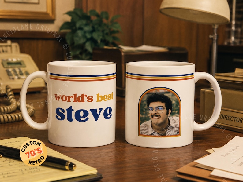 Custom retro 70s photo mug with vintage stripes, personalized name or title, and custom family photo design. Personalized coffee cup, custom photo mug, retro mug, vintage mug, Father’s Day gift, Mother’s Day gift, gift for mom, gift for dad, grandparent gift, grandma mug, grandpa mug, aunt gift, uncle gift, family photo gift, custom picture mug, 70s inspired mug, personalized ceramic mug, unique birthday gift.