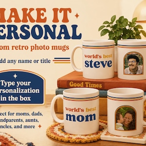 Custom retro 70s photo mug with vintage stripes, personalized name or title, and custom family photo design. Personalized coffee cup, custom photo mug, retro mug, vintage mug, Father’s Day gift, Mother’s Day gift, gift for mom, gift for dad, grandparent gift, grandma mug, grandpa mug, aunt gift, uncle gift, family photo gift, custom picture mug, 70s inspired mug, personalized ceramic mug, unique birthday gift.