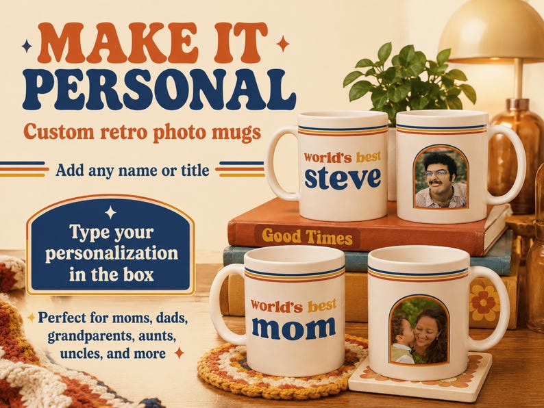 Custom retro 70s photo mug with vintage stripes, personalized name or title, and custom family photo design. Personalized coffee cup, custom photo mug, retro mug, vintage mug, Father’s Day gift, Mother’s Day gift, gift for mom, gift for dad, grandparent gift, grandma mug, grandpa mug, aunt gift, uncle gift, family photo gift, custom picture mug, 70s inspired mug, personalized ceramic mug, unique birthday gift.