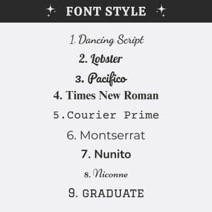 May include: A list titled FONT STYLE featuring nine numbered options: 1. Dancing Script, 2. Lobster, 3. Pacifico, 4. Times New Roman, 5. Courier Prime, 6. Montserrat, 7. Nunito, 8. Niconne, and 9. GRADUATE, displayed in black text on a white background.