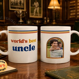 Custom retro 70s photo mug with vintage stripes, personalized name or title, and custom family photo design. Personalized coffee cup, custom photo mug, retro mug, vintage mug, Father’s Day gift, Mother’s Day gift, gift for mom, gift for dad, grandparent gift, grandma mug, grandpa mug, aunt gift, uncle gift, family photo gift, custom picture mug, 70s inspired mug, personalized ceramic mug, unique birthday gift.