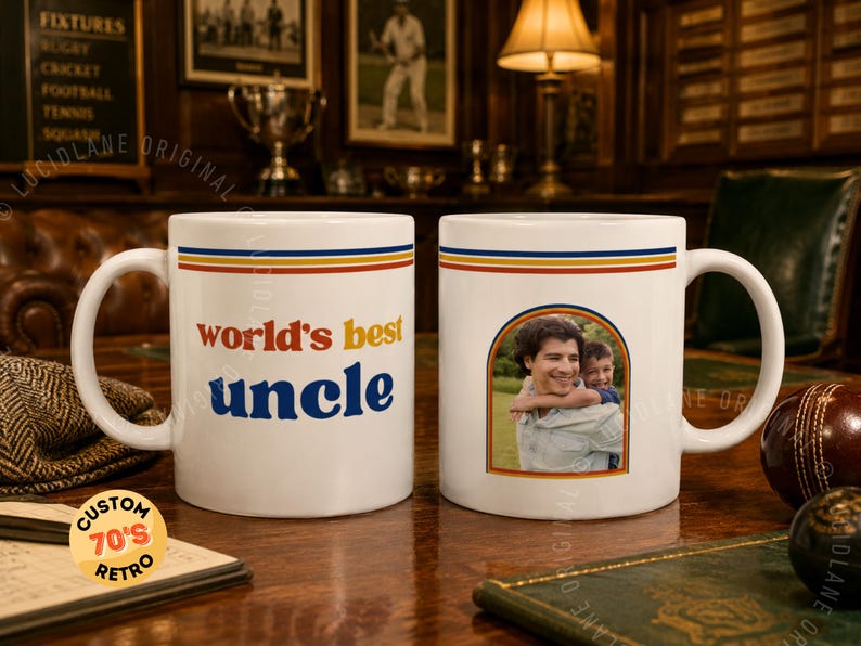 Custom retro 70s photo mug with vintage stripes, personalized name or title, and custom family photo design. Personalized coffee cup, custom photo mug, retro mug, vintage mug, Father’s Day gift, Mother’s Day gift, gift for mom, gift for dad, grandparent gift, grandma mug, grandpa mug, aunt gift, uncle gift, family photo gift, custom picture mug, 70s inspired mug, personalized ceramic mug, unique birthday gift.