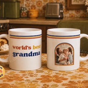 Custom retro 70s photo mug with vintage stripes, personalized name or title, and custom family photo design. Personalized coffee cup, custom photo mug, retro mug, vintage mug, Father’s Day gift, Mother’s Day gift, gift for mom, gift for dad, grandparent gift, grandma mug, grandpa mug, aunt gift, uncle gift, family photo gift, custom picture mug, 70s inspired mug, personalized ceramic mug, unique birthday gift.