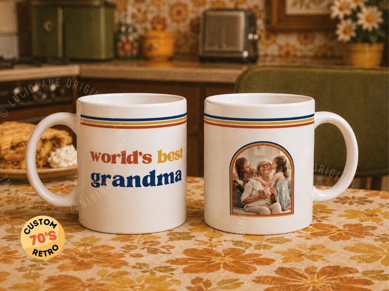 Custom retro 70s photo mug with vintage stripes, personalized name or title, and custom family photo design. Personalized coffee cup, custom photo mug, retro mug, vintage mug, Father’s Day gift, Mother’s Day gift, gift for mom, gift for dad, grandparent gift, grandma mug, grandpa mug, aunt gift, uncle gift, family photo gift, custom picture mug, 70s inspired mug, personalized ceramic mug, unique birthday gift.