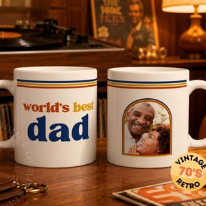 Retro World’s Best Dad custom photo mug with 70s inspired stripes and personalized family photo design. Personalized dad mug, custom photo mug, Father’s Day gift for dad, dad coffee cup, gift for husband, gift from kids, grandpa mug, papa mug, stepdad gift, new dad gift, dad birthday gift, custom picture mug, photo coffee cup, retro dad mug, sentimental gift for father figure, unique Father’s Day mug.
