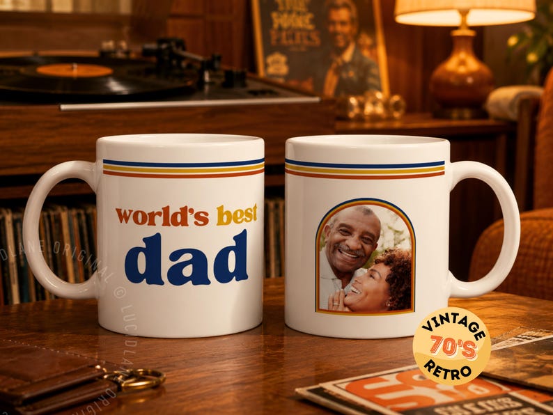 Retro World’s Best Dad custom photo mug with 70s inspired stripes and personalized family photo design. Personalized dad mug, custom photo mug, Father’s Day gift for dad, dad coffee cup, gift for husband, gift from kids, grandpa mug, papa mug, stepdad gift, new dad gift, dad birthday gift, custom picture mug, photo coffee cup, retro dad mug, sentimental gift for father figure, unique Father’s Day mug.