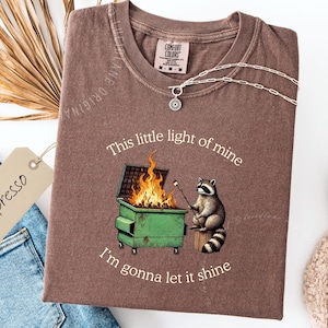 funny dumpster fire shirt, dumpster fire raccoon shirt, raccoon dumpster fire meme tee, trash panda shirt, funny raccoon graphic tee, this little light of mine parody shirt, chaotic raccoon shirt, anxiety humor shirt, funny meme t shirt, roasting marshmallow raccoon tee, comfort colors funny shirt, ironic humor tee, relatable humor shirt, chaos meme shirt, funny animal meme shirt, satirical graphic tee, unhinged raccoon tee, funny gift shirt, mental health meme tee, sarcastic tee, viral shirt