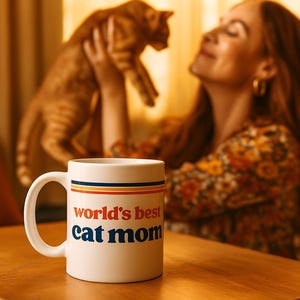 以下が含まれることがあります： 「world's best cat mom」の文字が赤、青、オレンジで書かれた白いセラミックマグ。マグには取っ手があり、青、オレンジ、黄色のストライプで装飾されています。マグは木製のテーブルの上にあります。