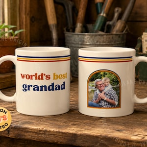 Custom retro 70s photo mug with vintage stripes, personalized name or title, and custom family photo design. Personalized coffee cup, custom photo mug, retro mug, vintage mug, Father’s Day gift, Mother’s Day gift, gift for mom, gift for dad, grandparent gift, grandma mug, grandpa mug, aunt gift, uncle gift, family photo gift, custom picture mug, 70s inspired mug, personalized ceramic mug, unique birthday gift.