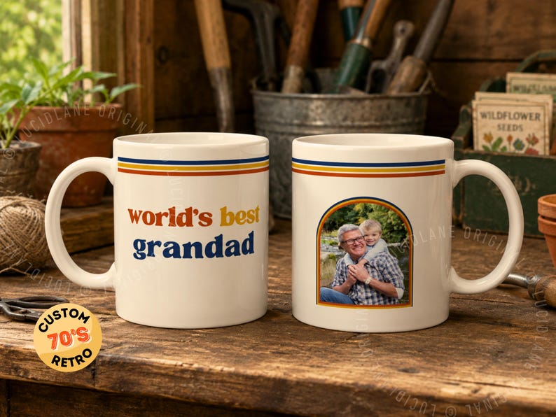 Custom retro 70s photo mug with vintage stripes, personalized name or title, and custom family photo design. Personalized coffee cup, custom photo mug, retro mug, vintage mug, Father’s Day gift, Mother’s Day gift, gift for mom, gift for dad, grandparent gift, grandma mug, grandpa mug, aunt gift, uncle gift, family photo gift, custom picture mug, 70s inspired mug, personalized ceramic mug, unique birthday gift.