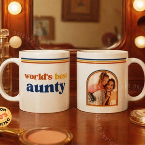 Custom retro 70s photo mug with vintage stripes, personalized name or title, and custom family photo design. Personalized coffee cup, custom photo mug, retro mug, vintage mug, Father’s Day gift, Mother’s Day gift, gift for mom, gift for dad, grandparent gift, grandma mug, grandpa mug, aunt gift, uncle gift, family photo gift, custom picture mug, 70s inspired mug, personalized ceramic mug, unique birthday gift.