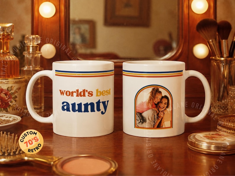 Custom retro 70s photo mug with vintage stripes, personalized name or title, and custom family photo design. Personalized coffee cup, custom photo mug, retro mug, vintage mug, Father’s Day gift, Mother’s Day gift, gift for mom, gift for dad, grandparent gift, grandma mug, grandpa mug, aunt gift, uncle gift, family photo gift, custom picture mug, 70s inspired mug, personalized ceramic mug, unique birthday gift.