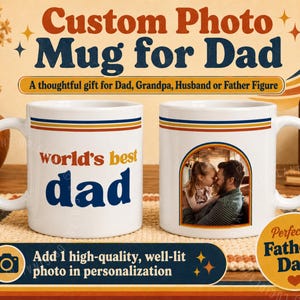 Retro World’s Best Dad custom photo mug with 70s inspired stripes and personalized family photo design. Personalized dad mug, custom photo mug, Father’s Day gift for dad, dad coffee cup, gift for husband, gift from kids, grandpa mug, papa mug, stepdad gift, new dad gift, dad birthday gift, custom picture mug, photo coffee cup, retro dad mug, sentimental gift for father figure, unique Father’s Day mug.