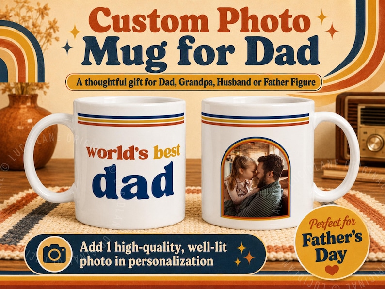 Retro World’s Best Dad custom photo mug with 70s inspired stripes and personalized family photo design. Personalized dad mug, custom photo mug, Father’s Day gift for dad, dad coffee cup, gift for husband, gift from kids, grandpa mug, papa mug, stepdad gift, new dad gift, dad birthday gift, custom picture mug, photo coffee cup, retro dad mug, sentimental gift for father figure, unique Father’s Day mug.