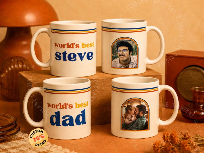 Custom retro 70s photo mug with vintage stripes, personalized name or title, and custom family photo design. Personalized coffee cup, custom photo mug, retro mug, vintage mug, Father’s Day gift, Mother’s Day gift, gift for mom, gift for dad, grandparent gift, grandma mug, grandpa mug, aunt gift, uncle gift, family photo gift, custom picture mug, 70s inspired mug, personalized ceramic mug, unique birthday gift.