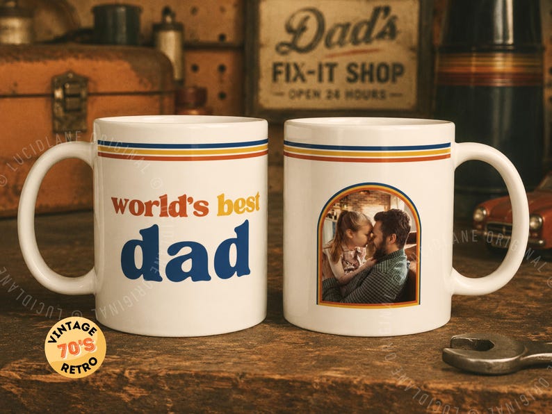 Retro World’s Best Dad custom photo mug with 70s inspired stripes and personalized family photo design. Personalized dad mug, custom photo mug, Father’s Day gift for dad, dad coffee cup, gift for husband, gift from kids, grandpa mug, papa mug, stepdad gift, new dad gift, dad birthday gift, custom picture mug, photo coffee cup, retro dad mug, sentimental gift for father figure, unique Father’s Day mug.