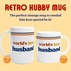 retro 70s World’s best husband mug. husband mug gift idea, perfect husband gift for Valentine’s Day, anniversary gift for husband, birthday gift for husband, husband coffee mug, husband tea mug, romantic gift for spouse, gift for him, sentimental husband present, personalised style husband mug, retro coffee mug for husbands, marriage gift, couples gift, daily coffee cup for husbands, thoughtful husband keepsake, vintage inspired mug for men.