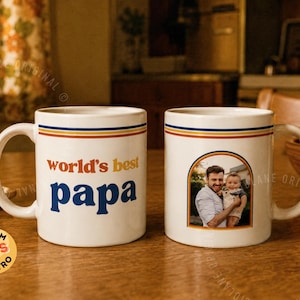 Custom retro 70s photo mug with vintage stripes, personalized name or title, and custom family photo design. Personalized coffee cup, custom photo mug, retro mug, vintage mug, Father’s Day gift, Mother’s Day gift, gift for mom, gift for dad, grandparent gift, grandma mug, grandpa mug, aunt gift, uncle gift, family photo gift, custom picture mug, 70s inspired mug, personalized ceramic mug, unique birthday gift.