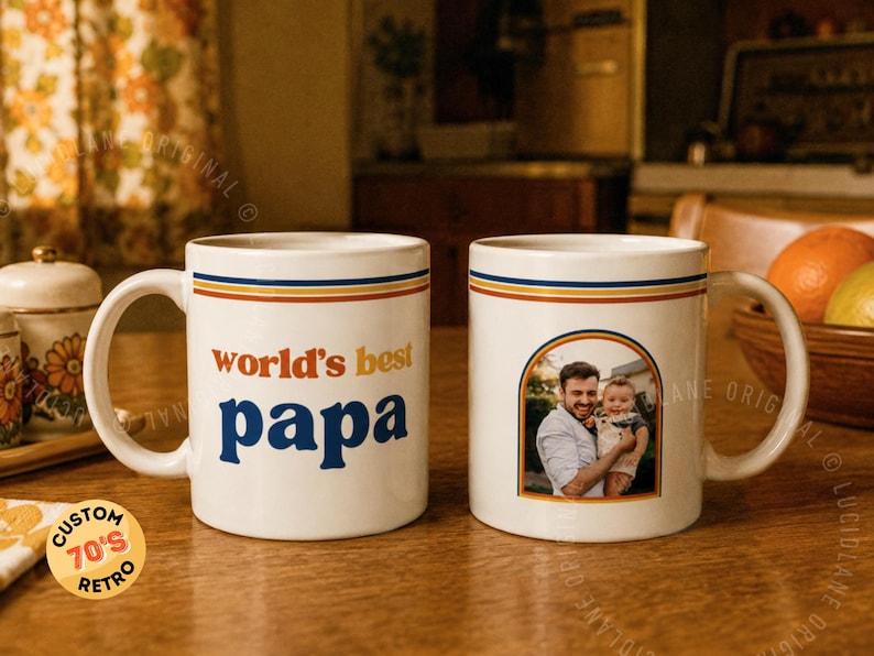 Custom retro 70s photo mug with vintage stripes, personalized name or title, and custom family photo design. Personalized coffee cup, custom photo mug, retro mug, vintage mug, Father’s Day gift, Mother’s Day gift, gift for mom, gift for dad, grandparent gift, grandma mug, grandpa mug, aunt gift, uncle gift, family photo gift, custom picture mug, 70s inspired mug, personalized ceramic mug, unique birthday gift.