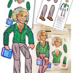 May include: A paper puppet kit featuring Albert Einstein. The kit includes a green jacket, gray pants, a head, and two books with the equation E=mc2. The kit is titled "Crea il tuo Eroe Paper Puppet Hero" and is part of the "Collezione Firmata Arianna Pigerni Vintage Style" collection.
