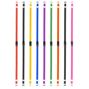 May include: Ten colorful lanyards with black clasps and white circles at each end. The lanyards are red, black, yellow, blue, purple, green, orange, light blue, dark blue, and pink.