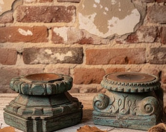 Rustic Pillar Candle Holders, Hand-Carved Wood Candlesticks, Distressed Farmhouse Decor, Antique Style