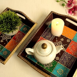 Handcrafted Wooden Serving Tray Set: Rustic Farmhouse, Boho Indian Art