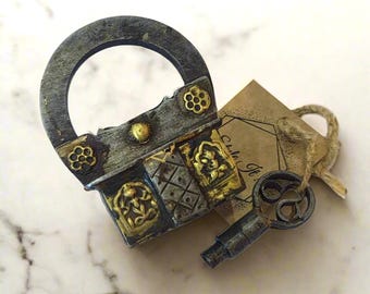 Vecchio Lucchetto E Chiave Vintage Antico In Ferro E Ottone - Foto 6