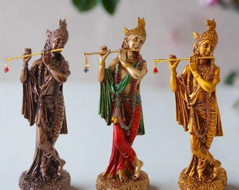 Krishna Flute Statue: Handcrafted Cold Cast Hindu Deity - Spiritual Home Decor