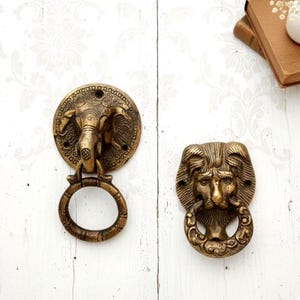 Brass Elephant & Lion Door Knockers - Indian Handcrafted Decor, Vintage Style Animal Head Door Knobs, Unique Housewarming Gift