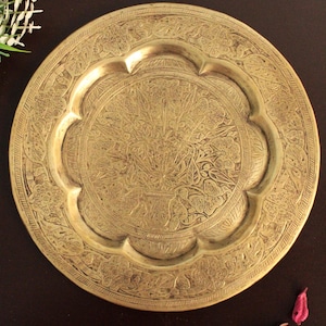 Vintage Engraved Brass Plate: Antique Kitchen & Cultural Decor