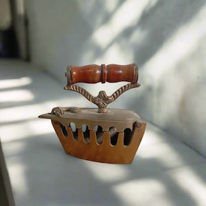 Miniature Brass Iron Shaped Box With Wooden Handle