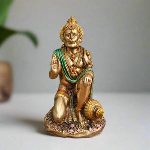 Kneeling Hanuman Statue: Resin Hindu God Idol for Puja