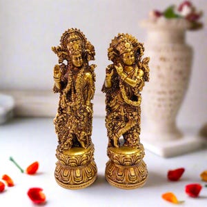 Resin Radha Krishna Statue Set: Gold Finish Hindu God Murti