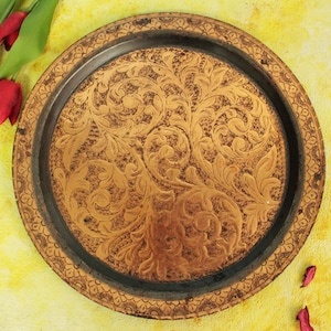 Vintage Carved Copper Plate: Antique Indian Decor (32cm)