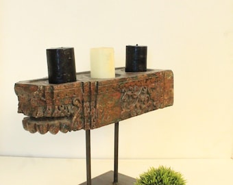 Rustikaler handgeschnitzter Stumpenkerzenständer aus Holz - Vintage Decor & Photo Props