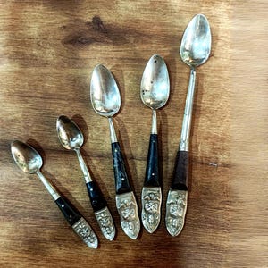 Vintage 1960s Thai / Siamese Demitasse Spoon - Ornate Brass & Ebony Wood Handle - Collectible Southeast Asian Flatware