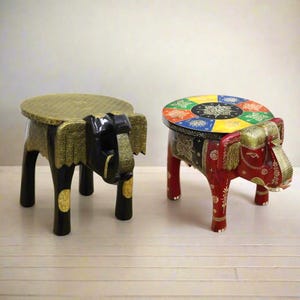 Hand-Carved Wooden Elephant Stool: Brass Finish or Hand-Painted Indian Decor