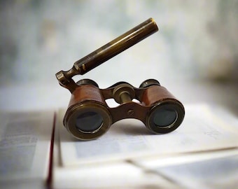 Vintage Brass & Leather Opera Binoculars - Collapsible Handle - Antique Collectible Field Glasses