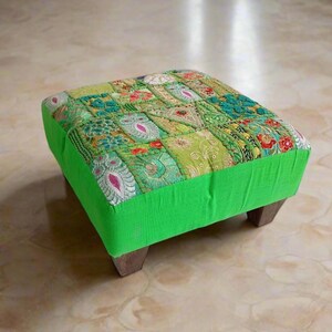 Handmade Teal Patchwork Ottoman | Embroidered Footstool | Bohemian Home Decor | Indian Pouf | Unique Accent Furniture