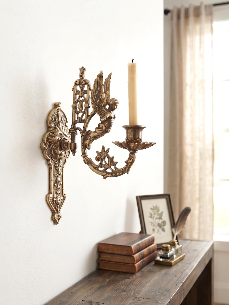 Antique Brass Wall Sconce, Vintage Candlestick Holder, Unique Home Decor image 1