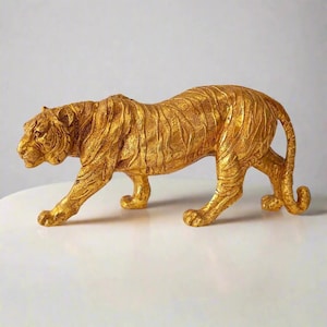 Golden Royal Resin Tiger Figurine | Majestic Wildlife Decor | Luxury Animal Statue | Gold Tiger Sculpture | Home Office Gift