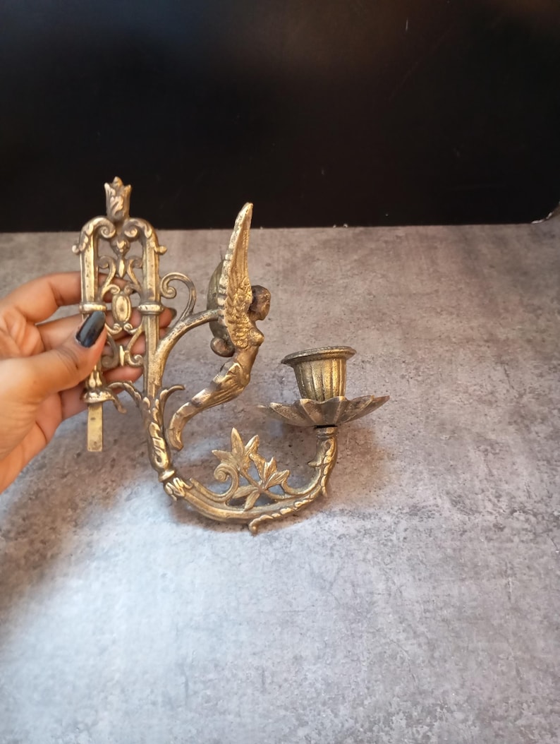 Antique Brass Wall Sconce, Vintage Candlestick Holder, Unique Home Decor image 19