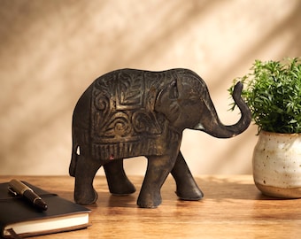 Vintage Brass Elephant Statue Decorative Animal Figurine Rustic Home Decor Lucky Shelf Gift